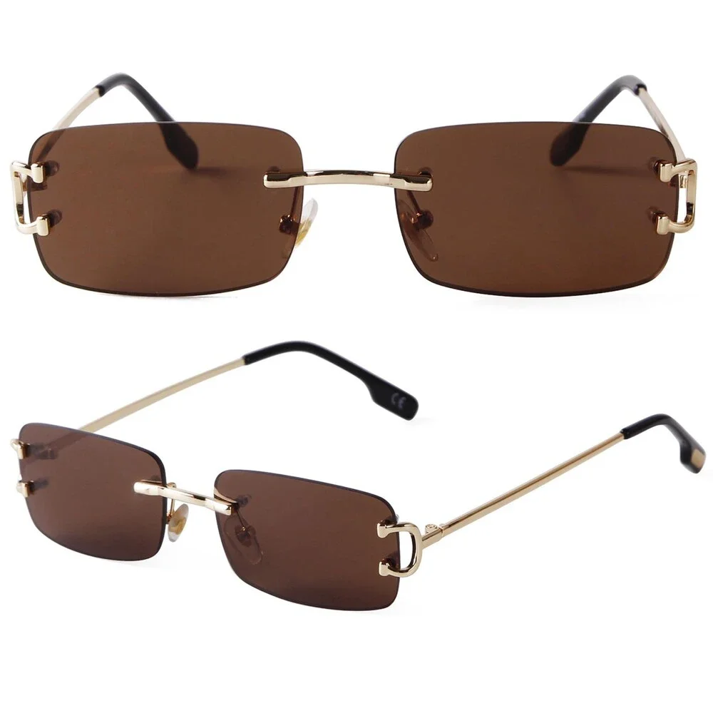 SDINM Men's Brown Rimless Sunglasses Fashion Narrow Rectangle Sun GOLD/BROWN